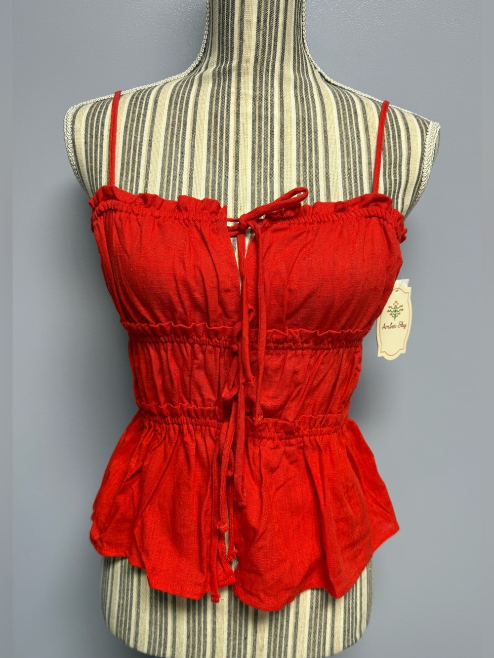 NWT Amber Sky Red Tie-Front Ruffled Peplum Cami size M